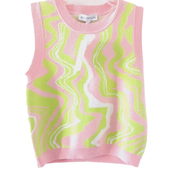 NEW Buttermelon Sleeveless Crop Sweater Small Pink and Green Pastel Preppy - Picture 1 of 4